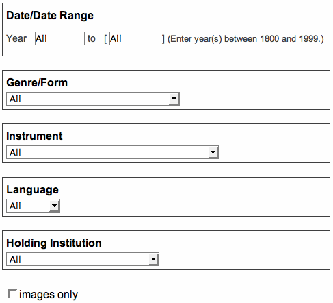 Advanced search filters for Year, Genre/Form, Instrument, Language, Holding Institution, and Images Only
